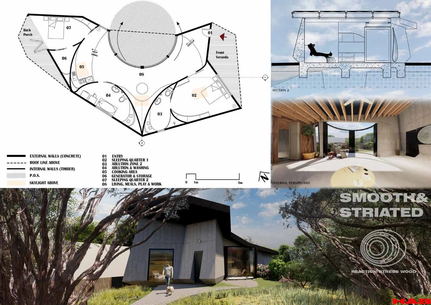Original Bloom House floor plan, section and interior and exterior visualisations