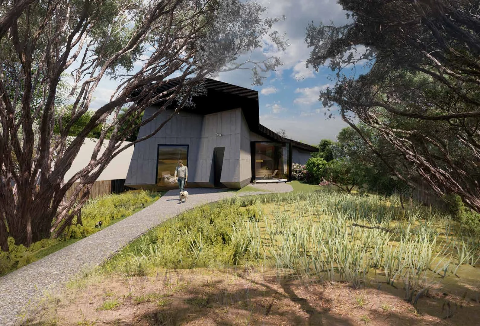 Original Bloom House architectural visualisation, a sculptural home in a wooded landscape