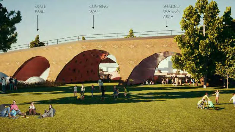 Euroa proposal: walk and cycle path above, skate and climbing activities beneath the retained arches