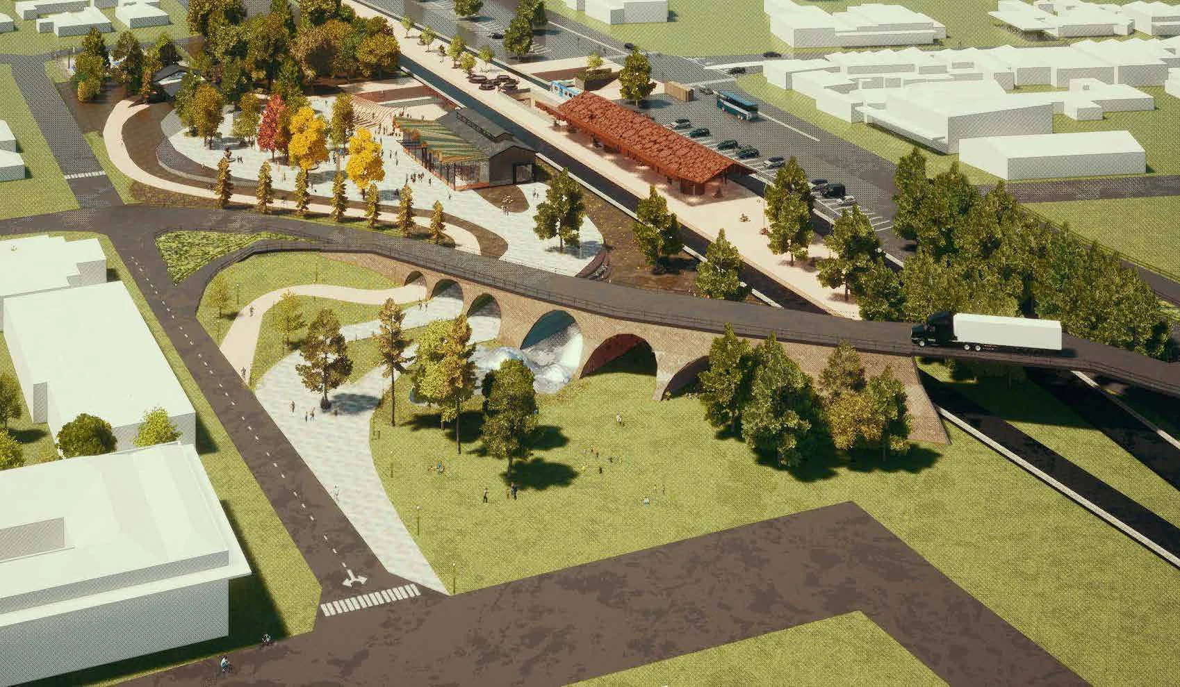 Original Euroa Hut aerial proposal showing a station, reused bridge and public landscape